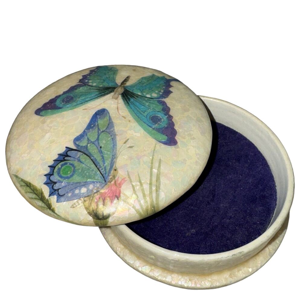 Vintage Lapis Butterfly Ladybug Footed Trinket Box Jewelry Round 1970s Boho Chic